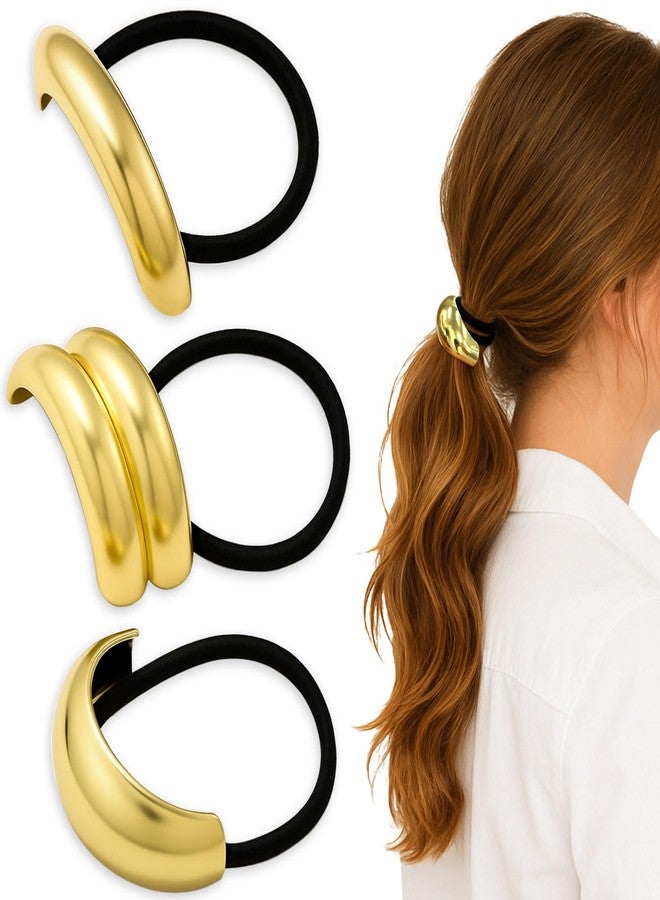 Brvlsoc 3PCS Gold Metal Hair Bands – Elegant Geometric Ponytail Cuff Holders for Thick Hair, Durable No-Damage Hair Accessories - Image 1